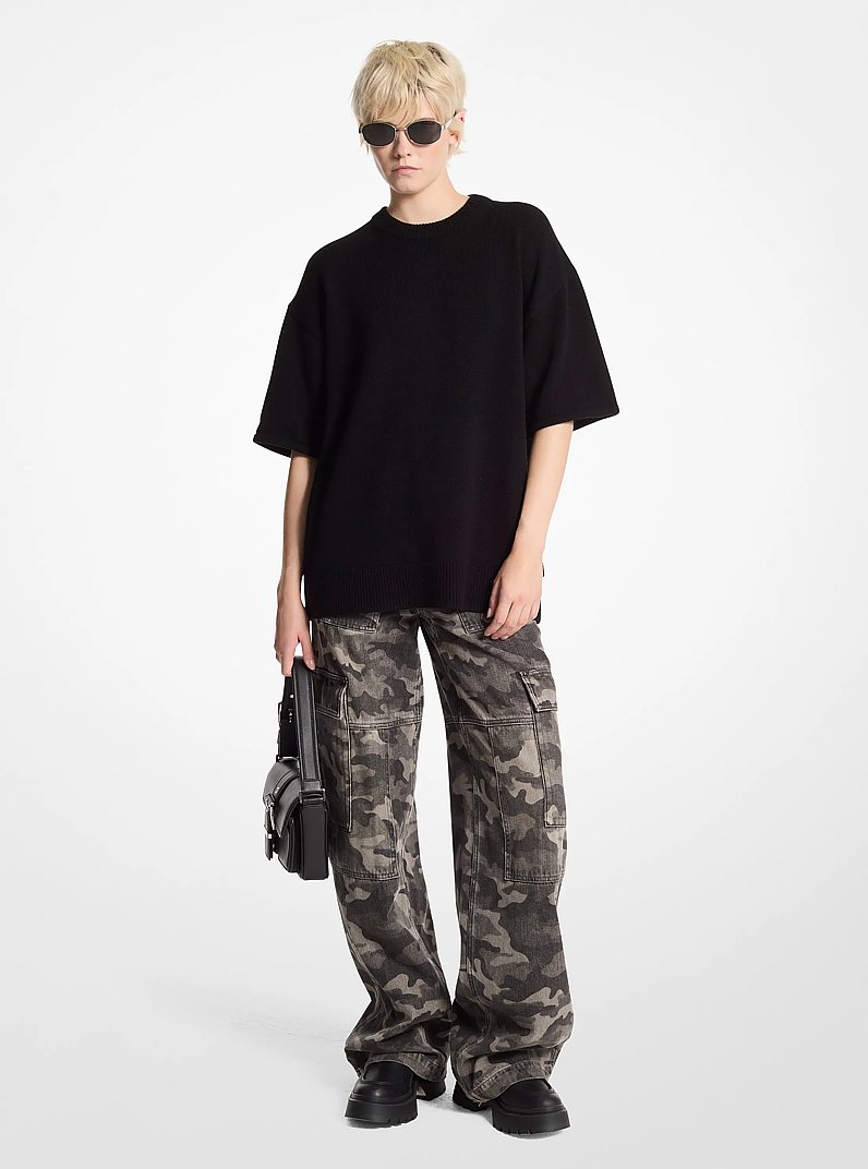 Wool and Cashmere Blend Short-Sleeve Sweater in BLACK | Michael Kors