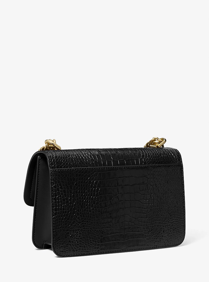 Heather Large Studded Crocodile Embossed Leather Shoulder Bag in BLACK | Michael Kors