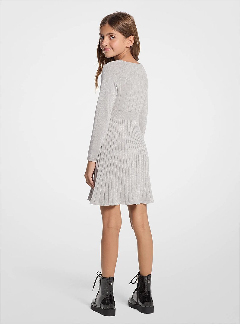 Pleated Metallic Knit Sweaterdress in PALE GREY | Michael Kors