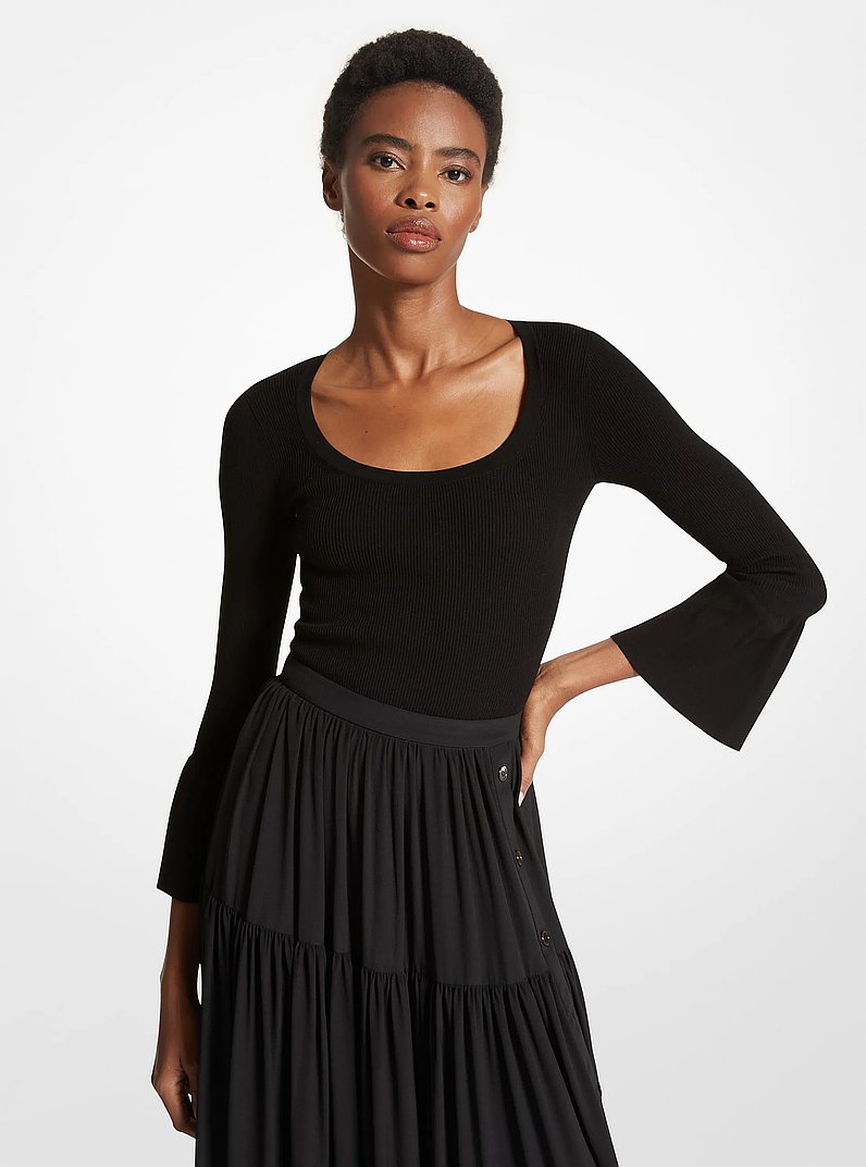 Ribbed Stretch Viscose Ruffle-Sleeve Sweater in BLACK | Michael Kors