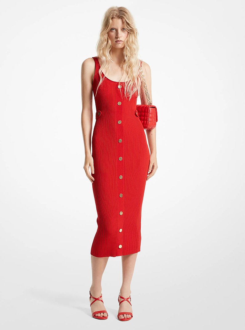 Vestido midi de punto el&aacute;stico acanalado in ROJO LACA | Michael Kors