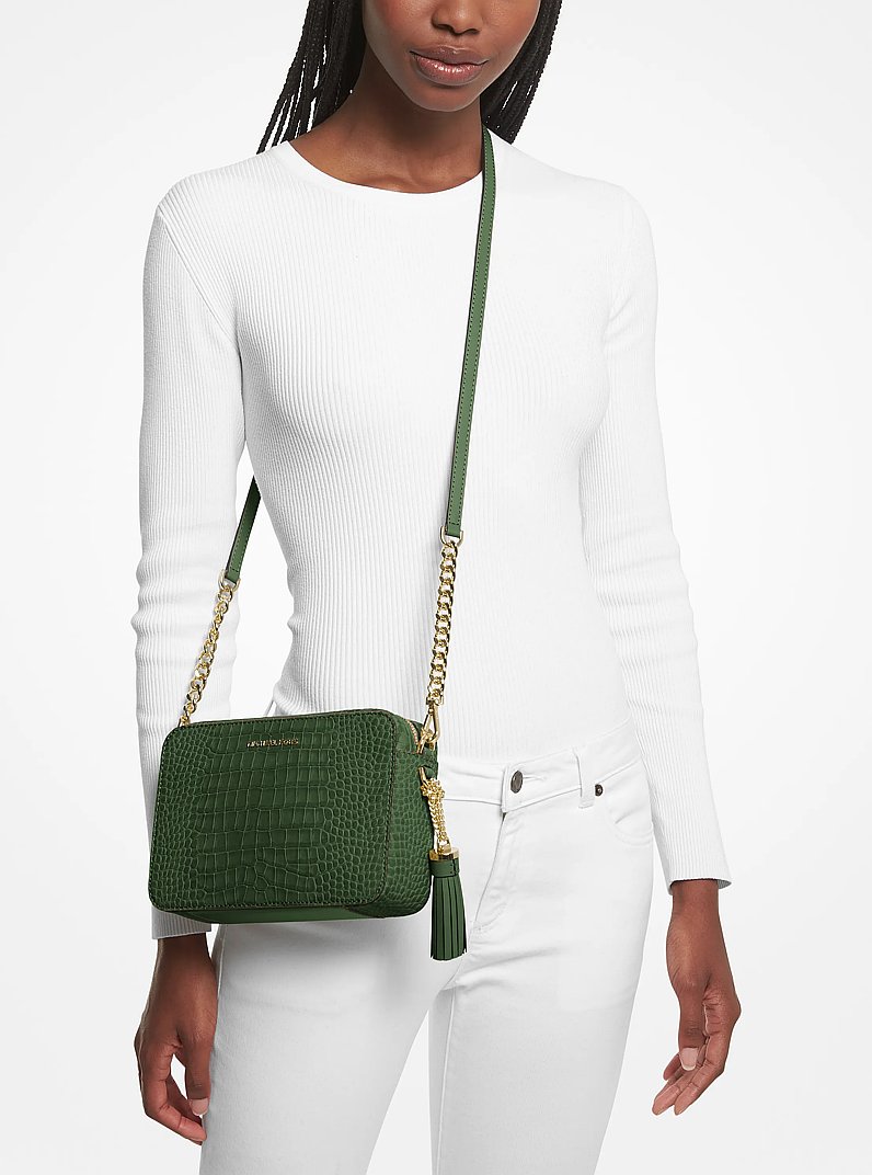 Jet Set Medium Crocodile Embossed Leather Crossbody Bag in AMAZON GREEN | Michael Kors
