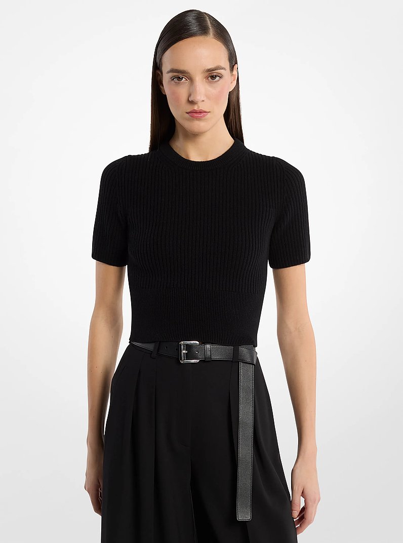 Su&eacute;ter corto de cachemira con mangas tres cuartos y dise&ntilde;o acanalado in NEGRO | Michael Kors