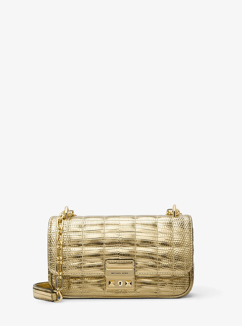 Tribeca Small Quilted Metallic Lizard Embossed Leather Shoulder Bag in PALE GOLD | Michael Kors