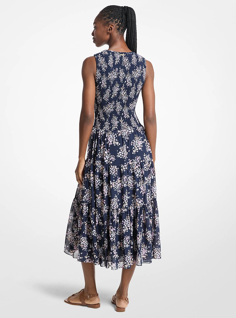 Floral Print Smocked Georgette Midi Dress in CARNATION | Michael Kors