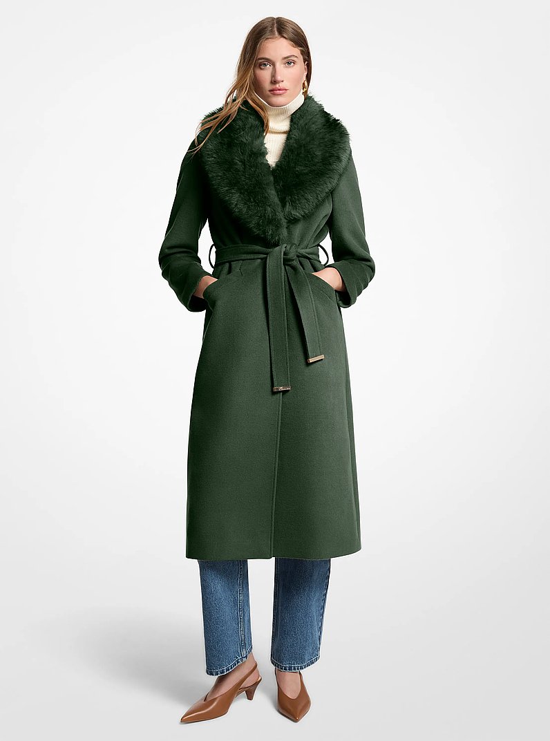Manteau en m&eacute;lange de laine bord&eacute; de fausse fourrure in VERT MOUSSE FONC&Eacute; | Michael Kors