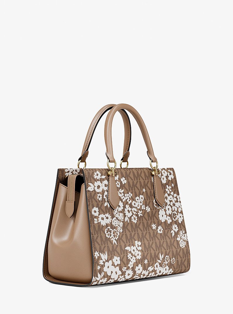 Marilyn Medium Printed Signature Logo Satchel in CAMEL | Michael Kors