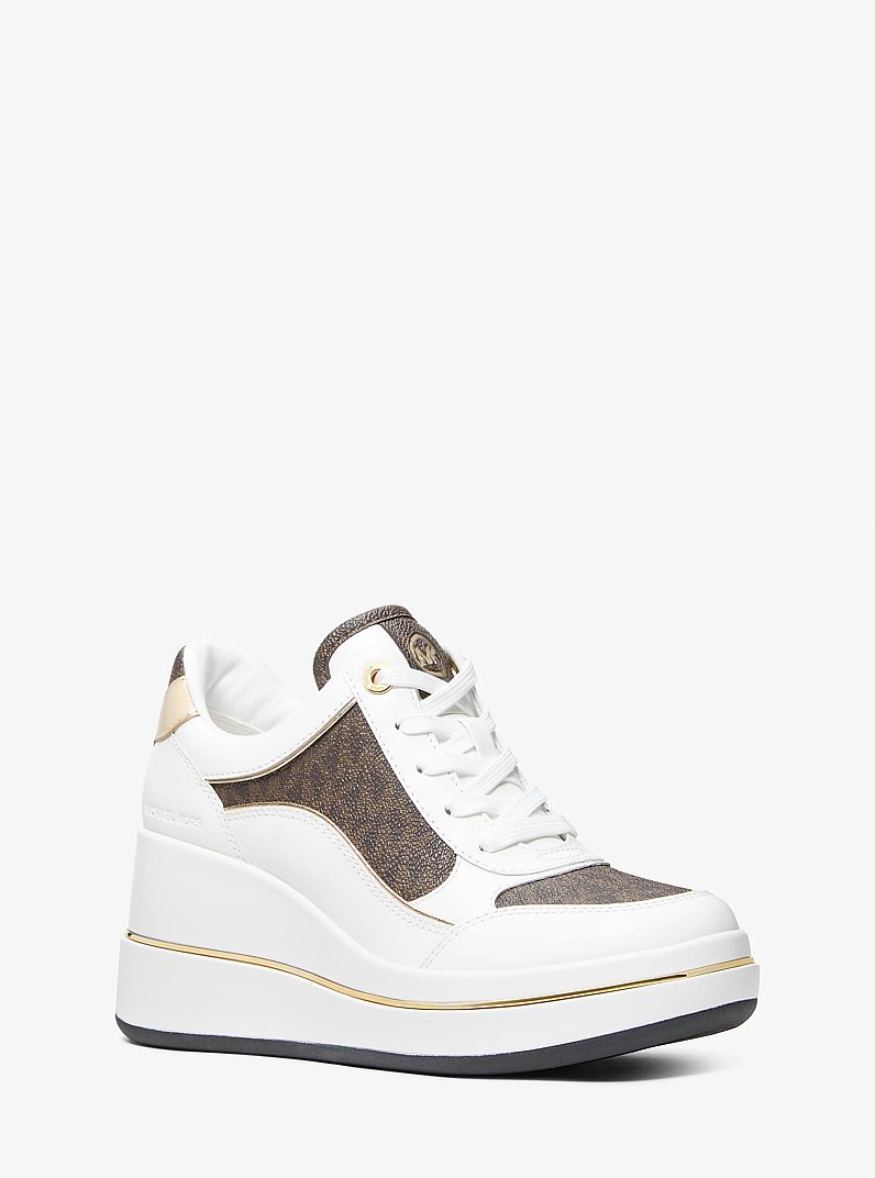 Emmy Signature Logo and Leather Wedge Trainer in BROWN | Michael Kors