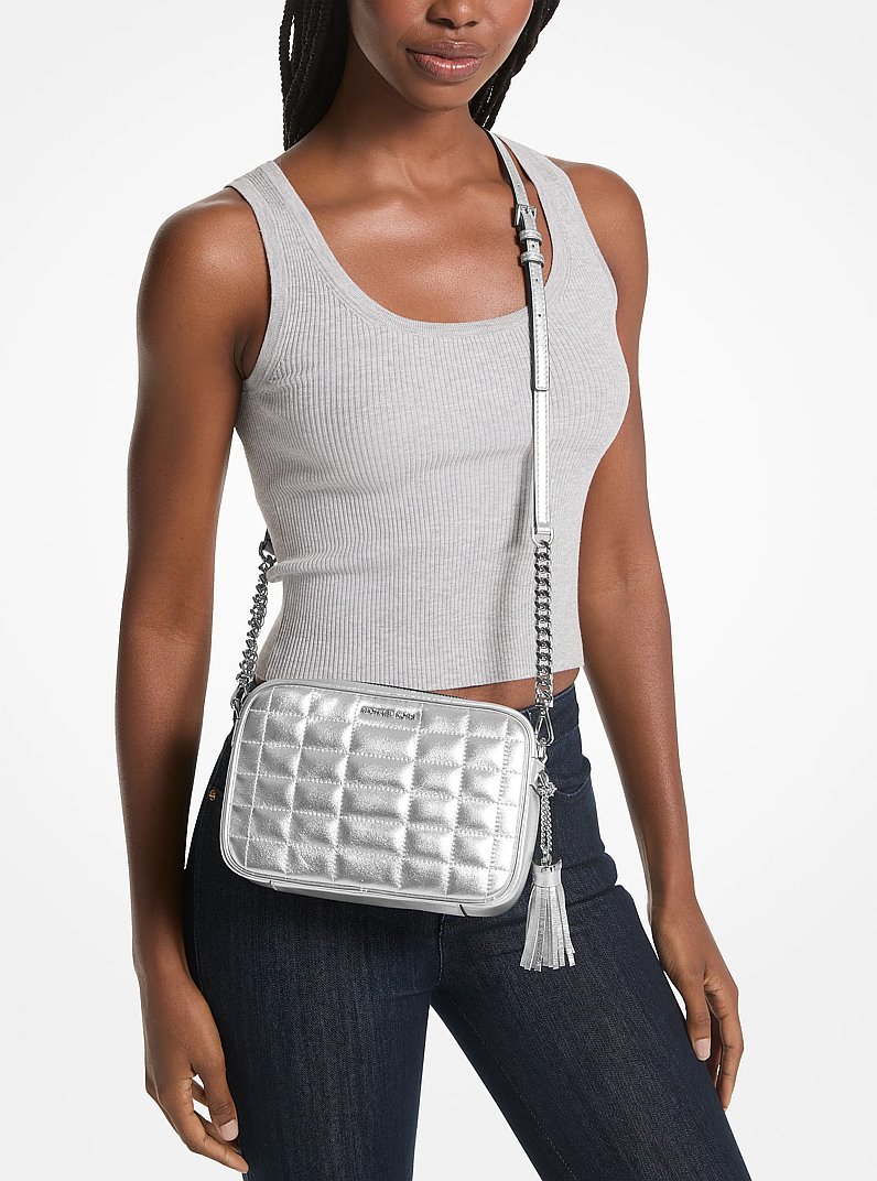 Jet Set Medium Quilted Metallic Leather Crossbody Bag in SILVER | Michael Kors
