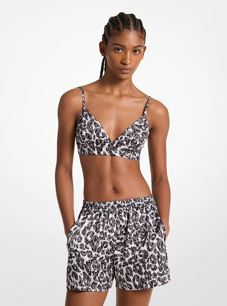 Leopard Logo Print Satin Bra Top in ALUMINUM | Michael Kors