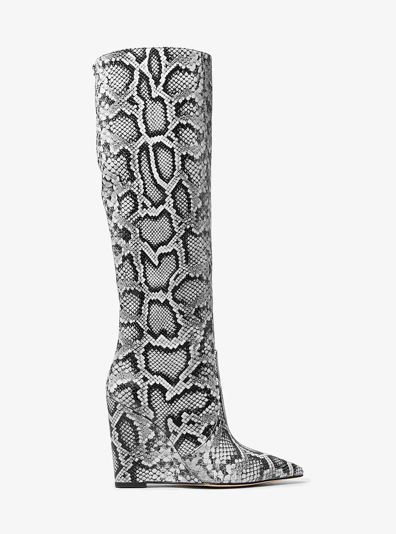 Isra Snake Embossed Leather Wedge Boot in BLACK | Michael Kors