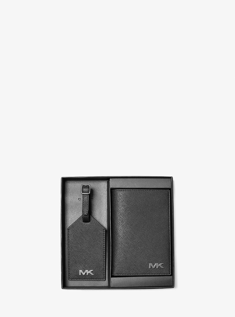 Saffiano Leather Passport Case and Luggage Tag Gift Set in BLACK | Michael Kors