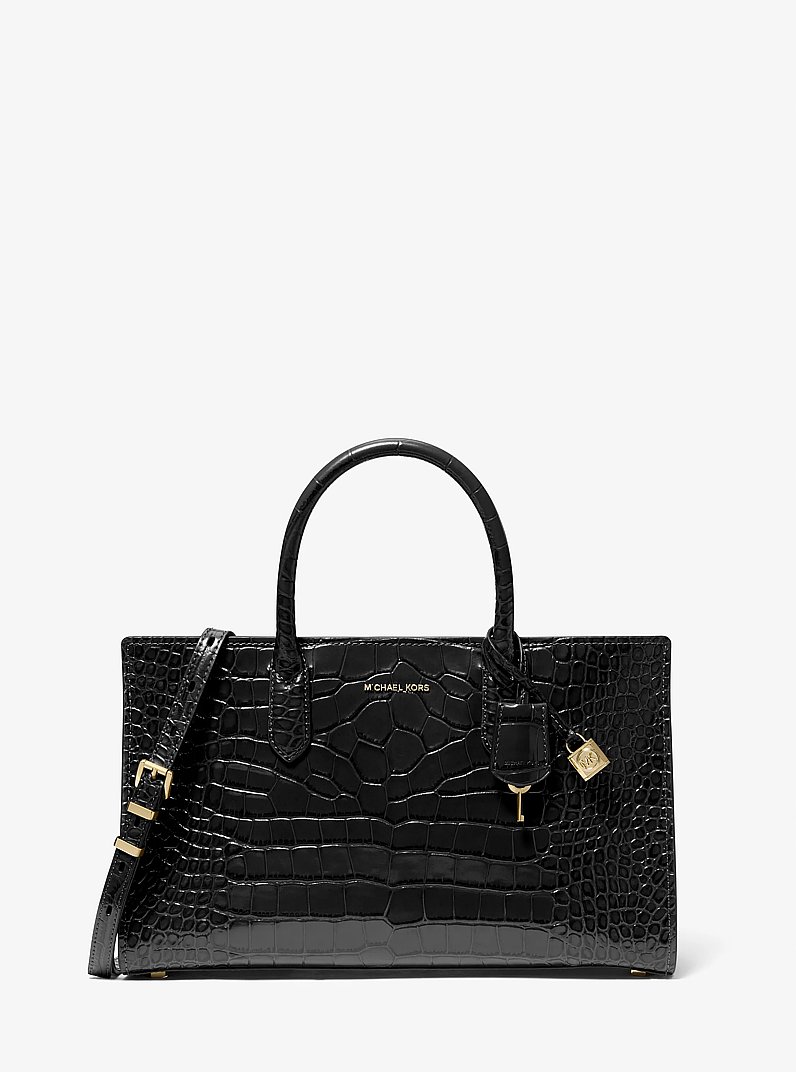 Scarlett Medium Crocodile Embossed Patent Leather Satchel in BLACK | Michael Kors