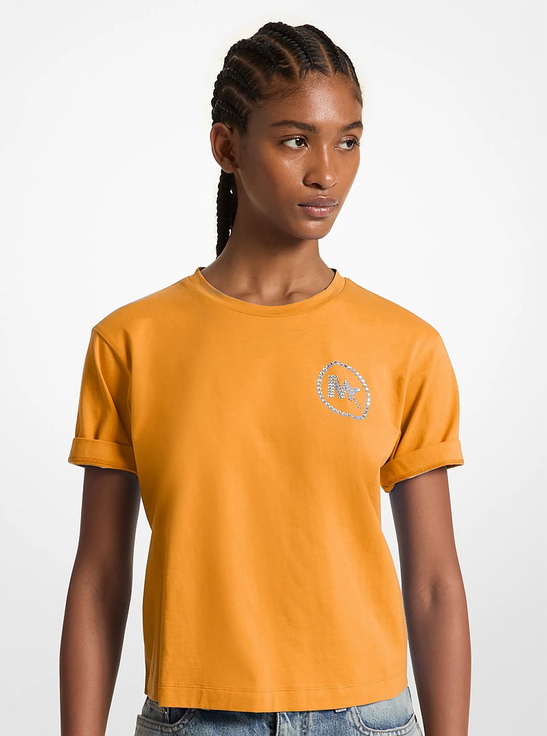 Embellished Logo Organic Cotton T-Shirt in POPORANGE | Michael Kors