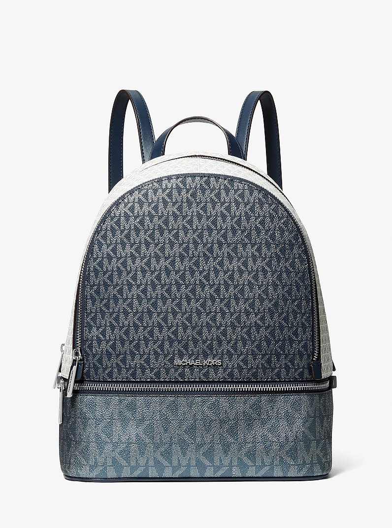 Rhea Medium Metallic Signature Logo Backpack in NAVY | Michael Kors