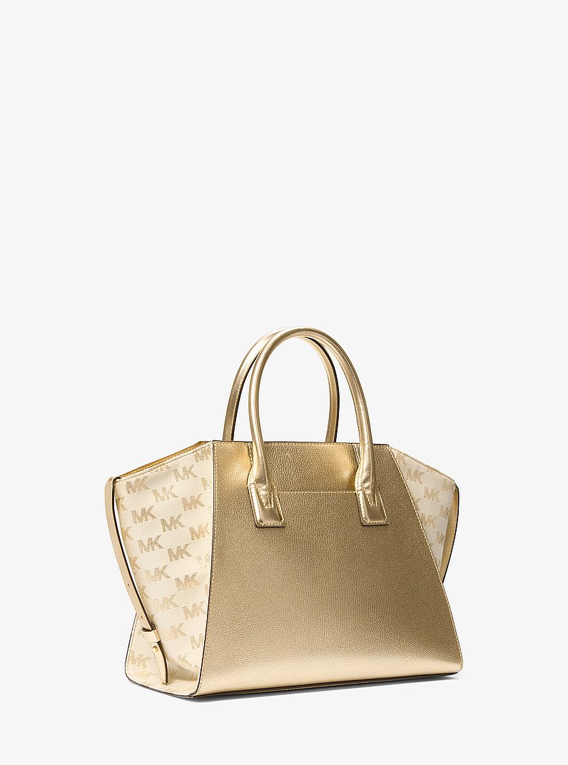 Avril Large Metallic Leather and Logo Jacquard Satchel in PALE