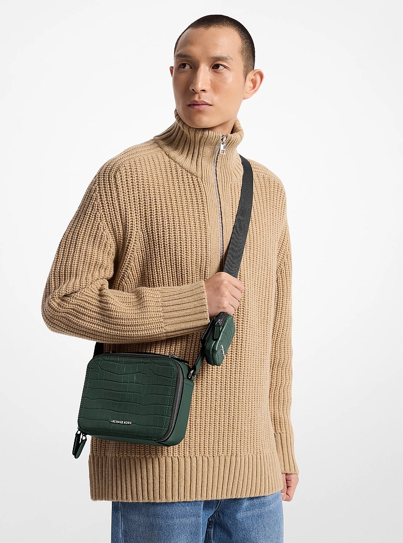 Hudson Crocodile Embossed Leather Crossbody Bag in FOREST GREEN | Michael Kors