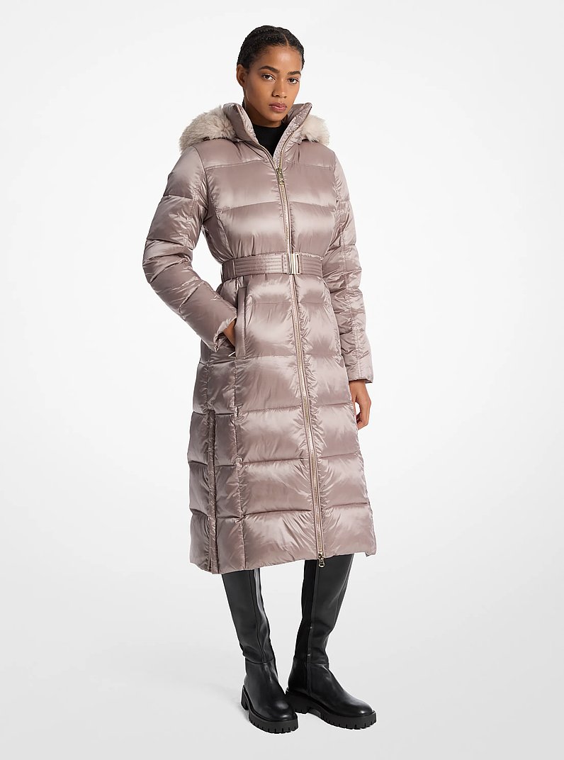 Faux Fur Trim Quilted Puffer Coat in CHAMPAGNE | Michael Kors