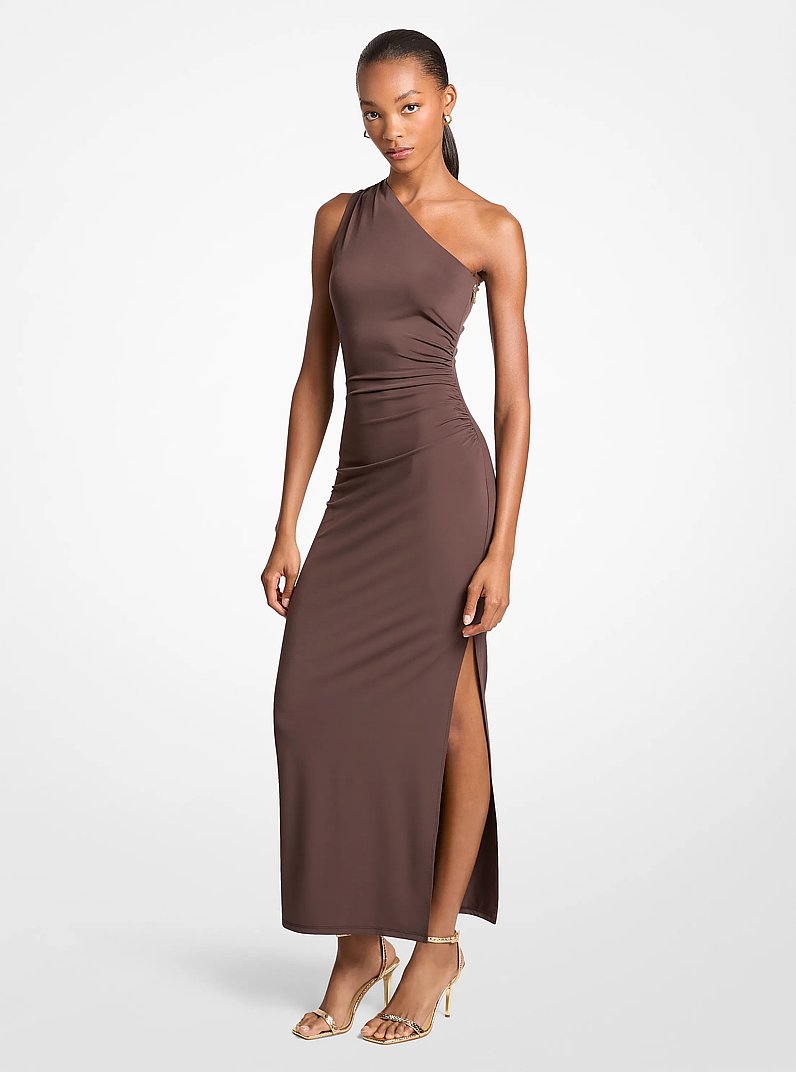 Stretch Matte Jersey One-Shoulder Maxi Dress in CHOCOLATE | Michael Kors