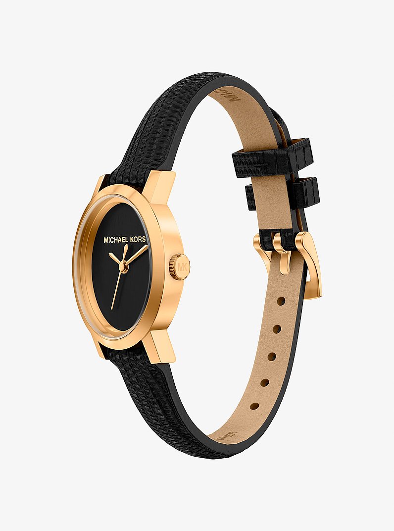 Petite Maude Gold-Tone and Lizard Embossed Leather Watch in BLACK | Michael Kors