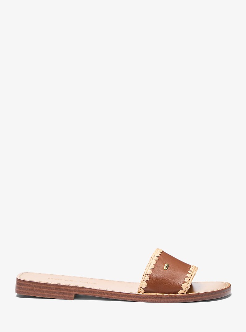 Drea Leather Slide Sandal in LUGGAGE | Michael Kors