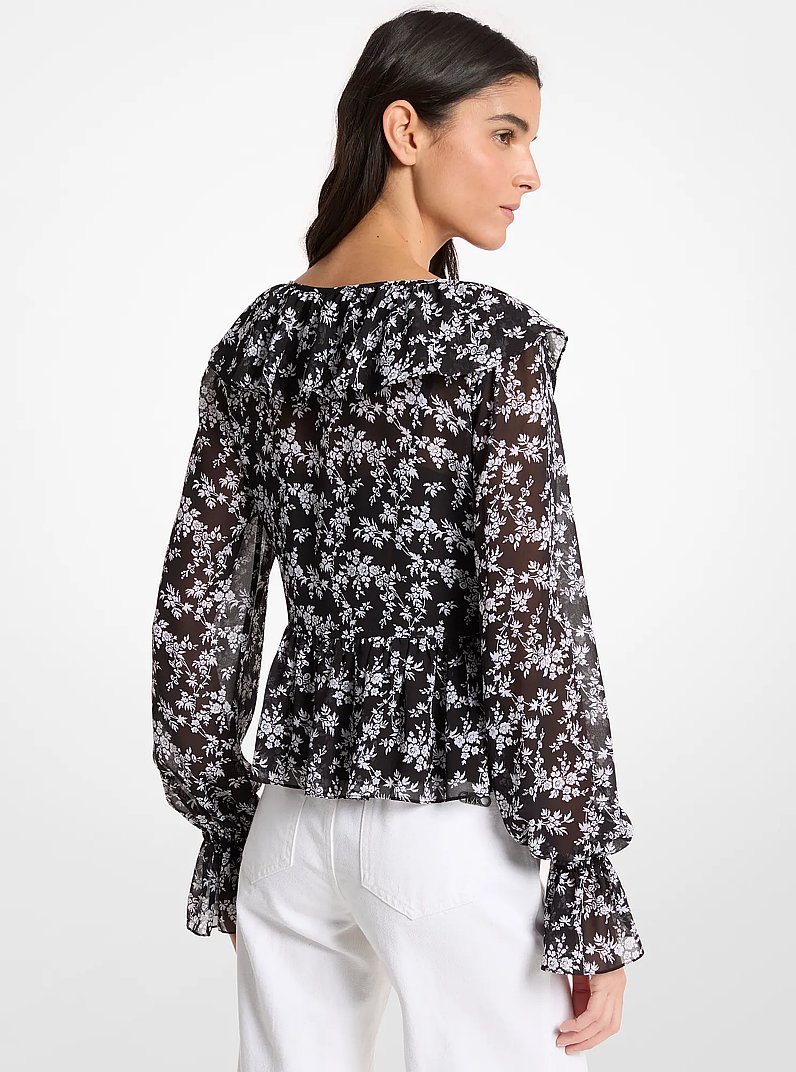 Floral Print Georgette Ruffled Blouse in BLACK/WHITE | Michael Kors