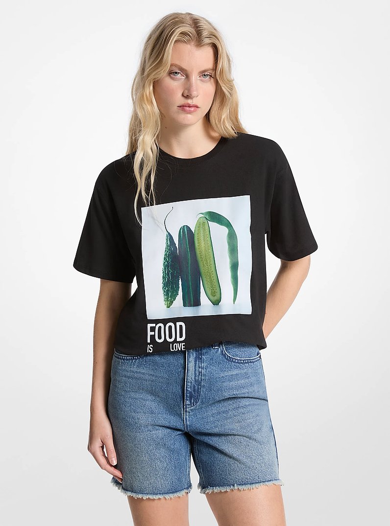 T-shirt Watch Hunger Stop in misto cotone e lino in NERO | Michael Kors