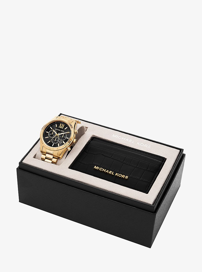 Ensemble-cadeau montre Lexington surdimensionn&eacute;e de ton or et porte-cartes en cuir gaufr&eacute; &agrave; motif de crocodile in OR | Michael Kors