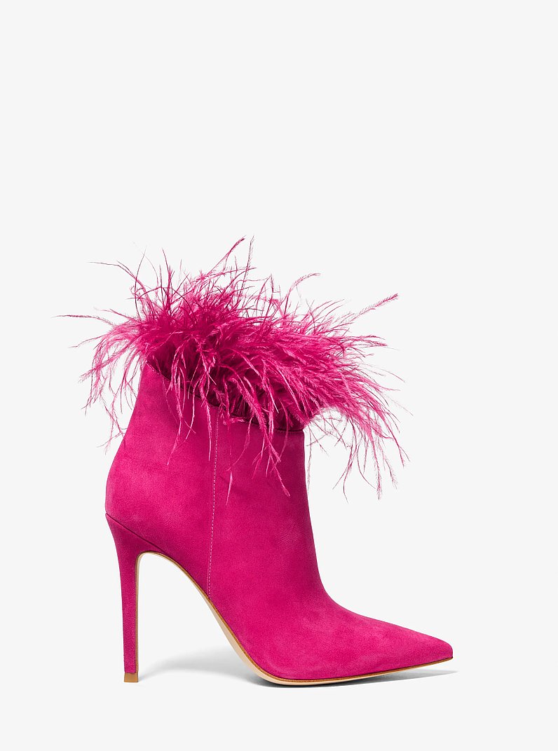 Whitby Feather Trim Suede Ankle Boot in DEEP FUCHSIA | Michael Kors