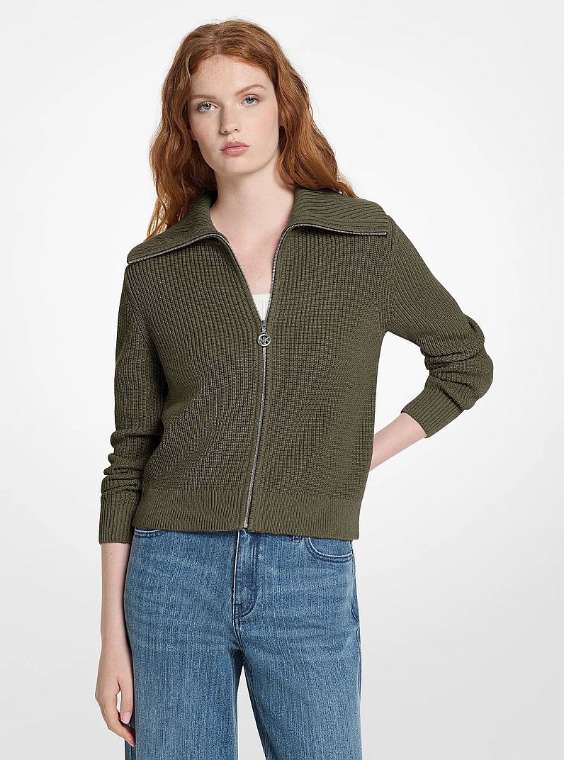Cotton Blend Zip-Up Sweater in OLIVE | Michael Kors