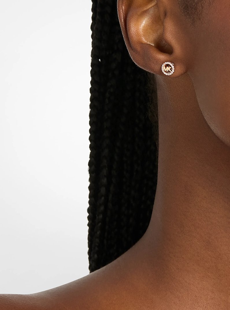 Pav&eacute; Logo Charm Stud Earrings in ROSE GOLD | Michael Kors