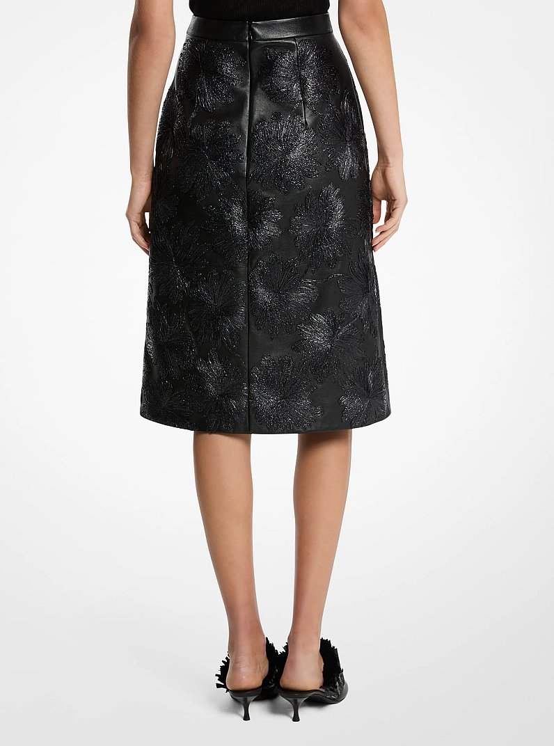 Hand-Embroidered Floral Plong&eacute; Leather Skirt in BLACK | Michael Kors