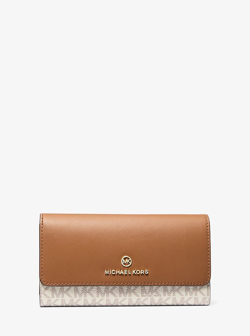 Large Logo and Leather Tri-Fold Wallet in BRN/ACORN | Michael Kors