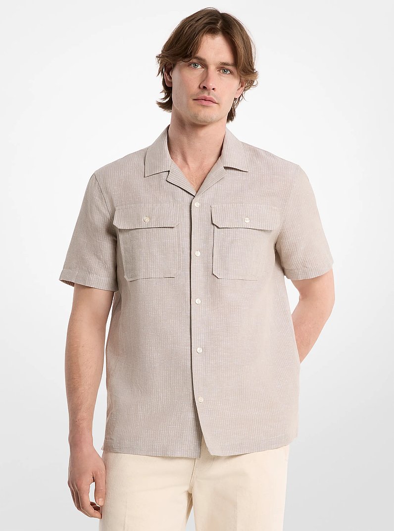 Camisa de lino y algod&oacute;n a rayas con cuello cubano in DUSTY SAGE | Michael Kors