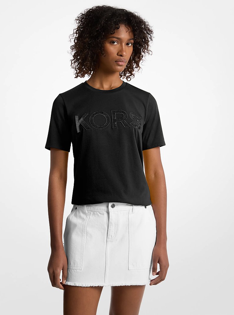 Sequined Logo Cotton T-Shirt in BLACK | Michael Kors