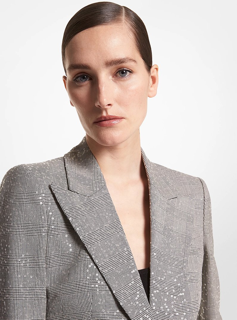 Georgina Embroidered Glen Plaid Stretch Wool Blazer in BLACK/WHITE | Michael Kors