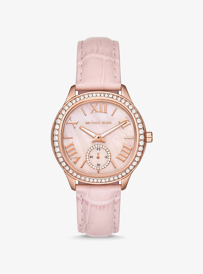 Sage Pav&eacute; Rose Gold-Tone and Crocodile Embossed Leather Watch in POWDER PINK | Michael Kors