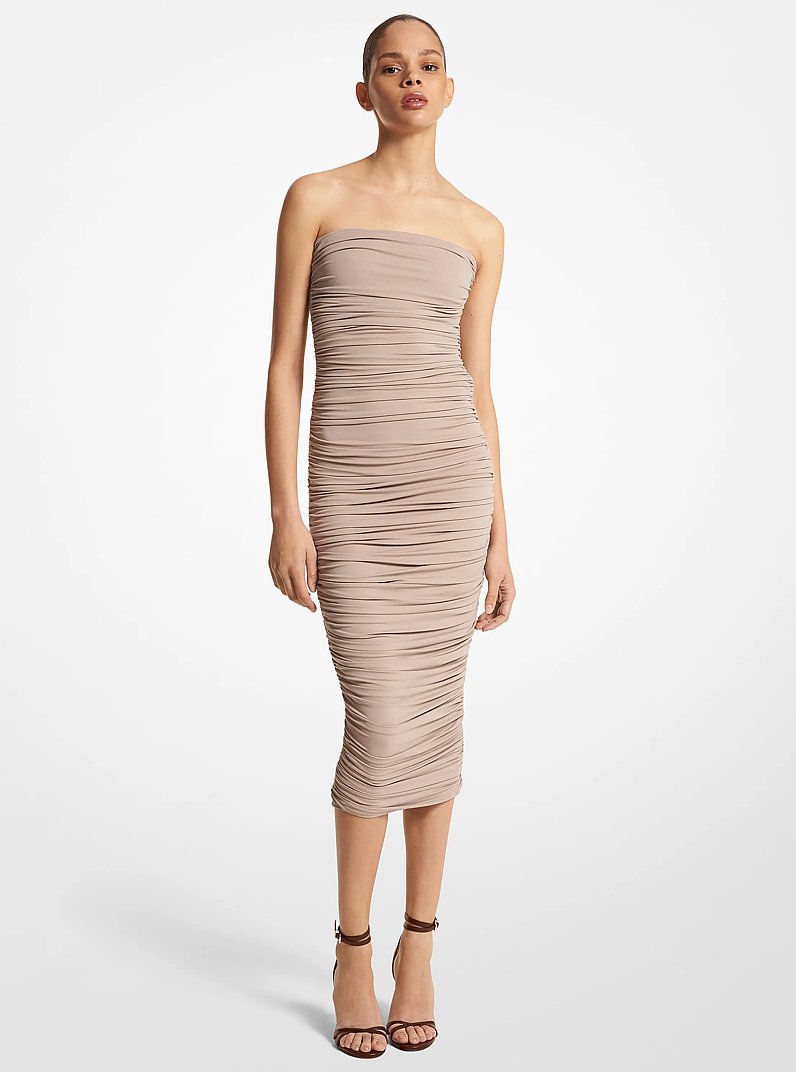 Tr&auml;gerloses Kleid aus dichtem Stretch-Jersey mit Raffung in TAUPE | Michael Kors