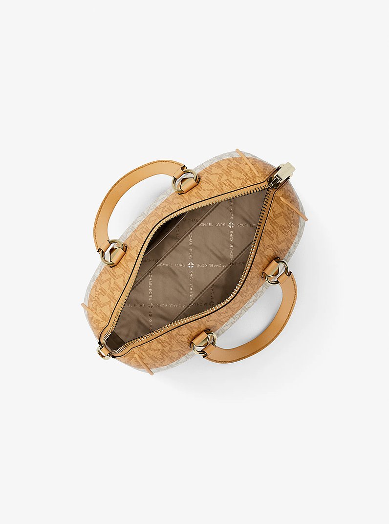 Grayson Small Striped Signature Logo Duffel Crossbody Bag in HONEYWHEAT | Michael Kors