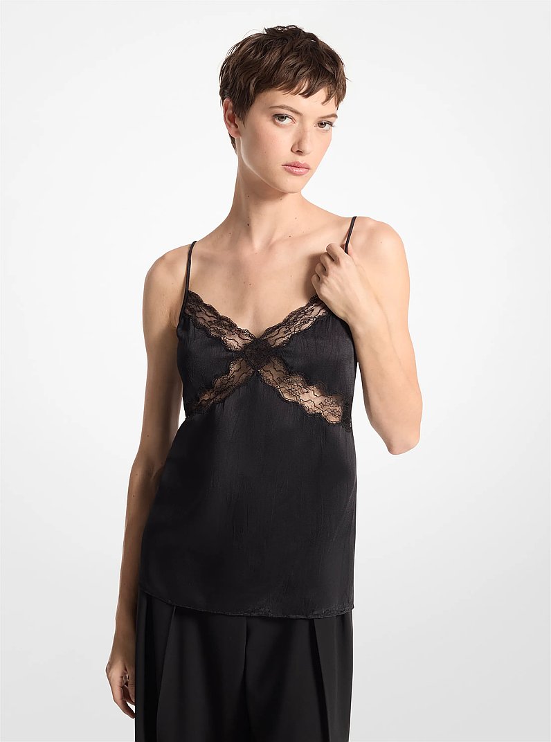 Lace Trim Crushed Satin Tank Top in BLACK | Michael Kors