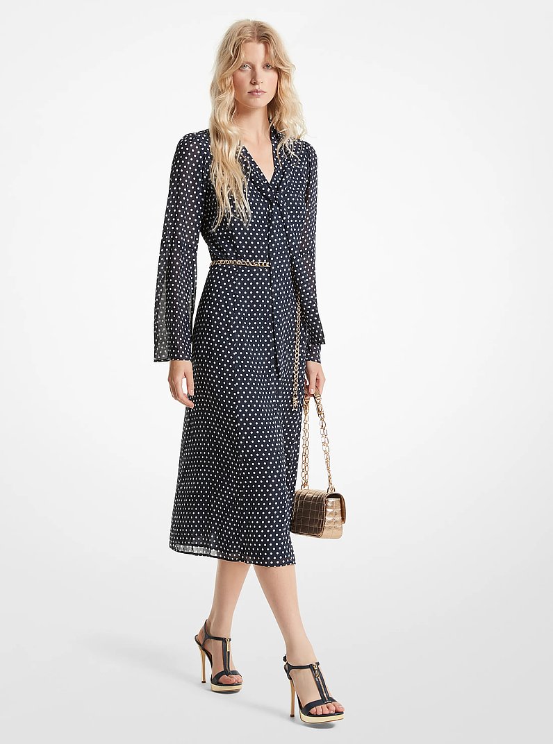 Polka Dot Georgette Tie-Neck Midi Dress in MIDNIGHTBLUE | Michael Kors