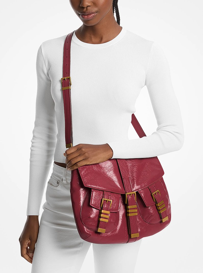 Darrington Large Crackled Leather Shoulder Bag in DEEP RED | Michael Kors