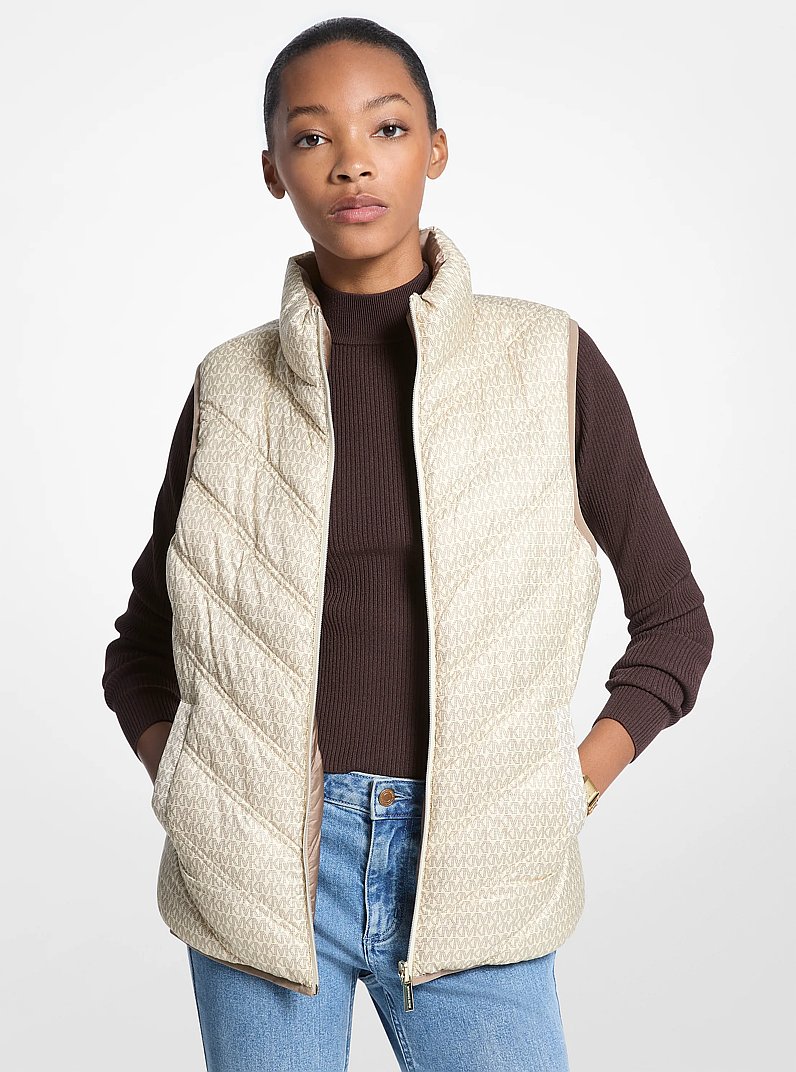 Chevron Quilted Logo Print and Nylon Packable Vest in TAUPE/BONE LOGO | Michael Kors