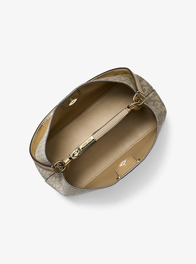 Pratt Medium Two-Tone Metallic Signature Logo Shoulder Bag in PALE GOLD | Michael Kors