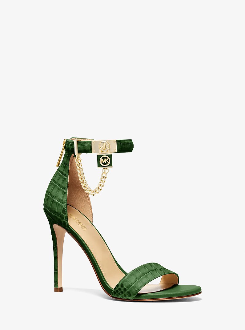 Hamilton Embellished Crocodile Embossed Leather Sandal in AMAZON GREEN | Michael Kors
