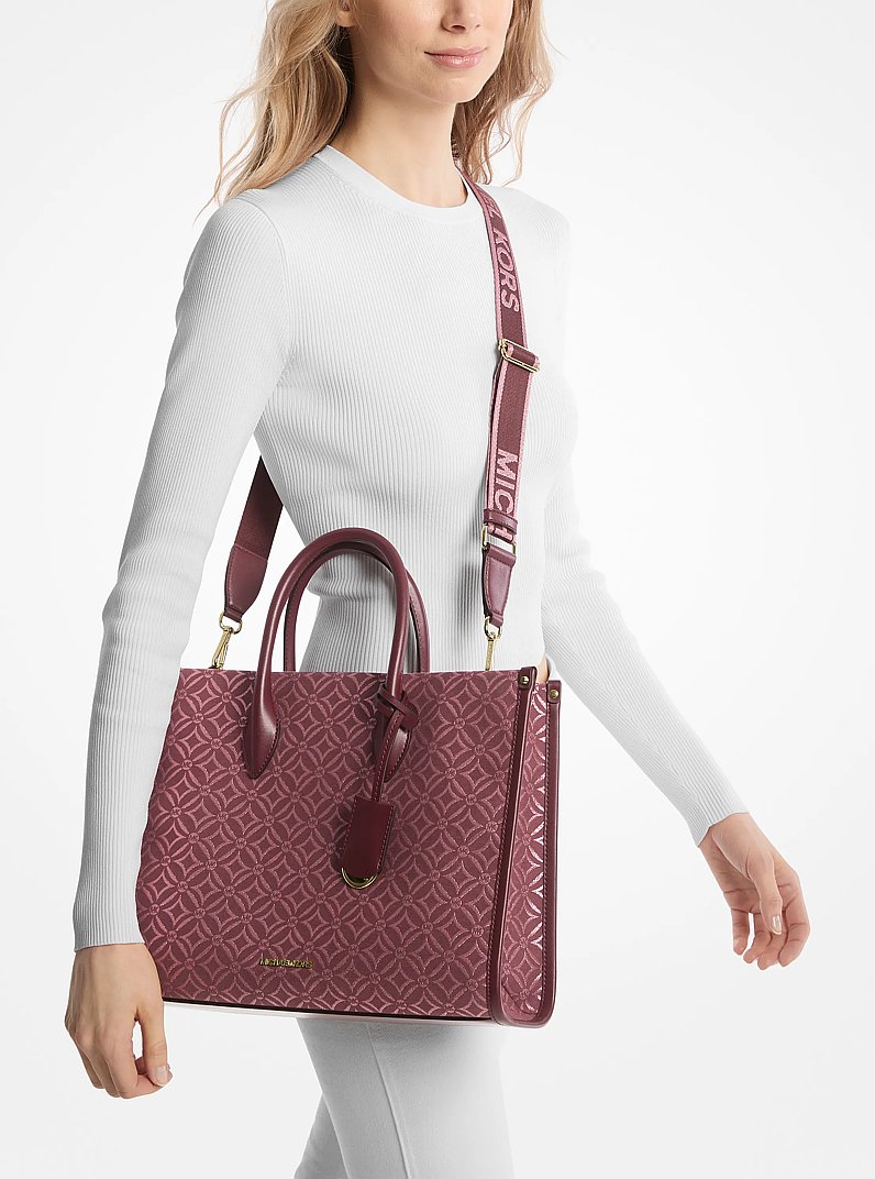 Mirella Medium Metallic Logo Jacquard Tote Bag in OXBLOOD MLTI | Michael Kors