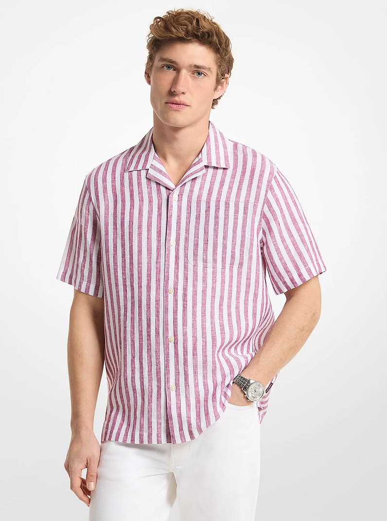 Striped Linen Camp Shirt in WINEBERRY | Michael Kors