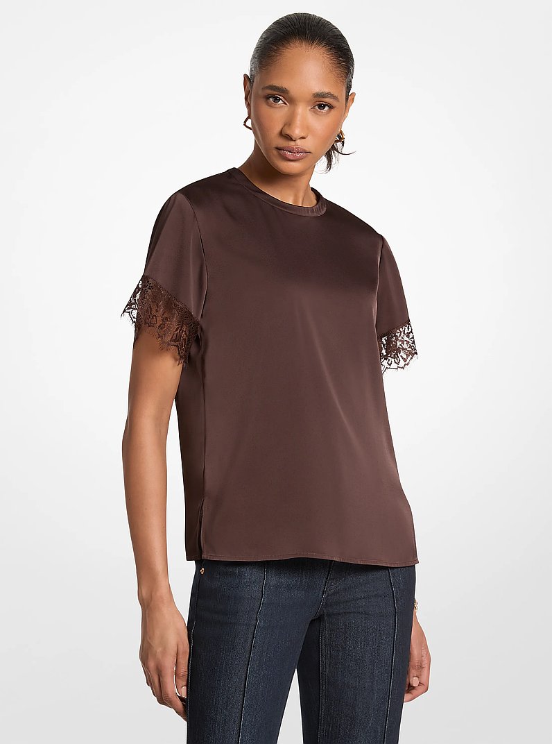 Satin Lace Trim Shirt in CHOCOLATE | Michael Kors