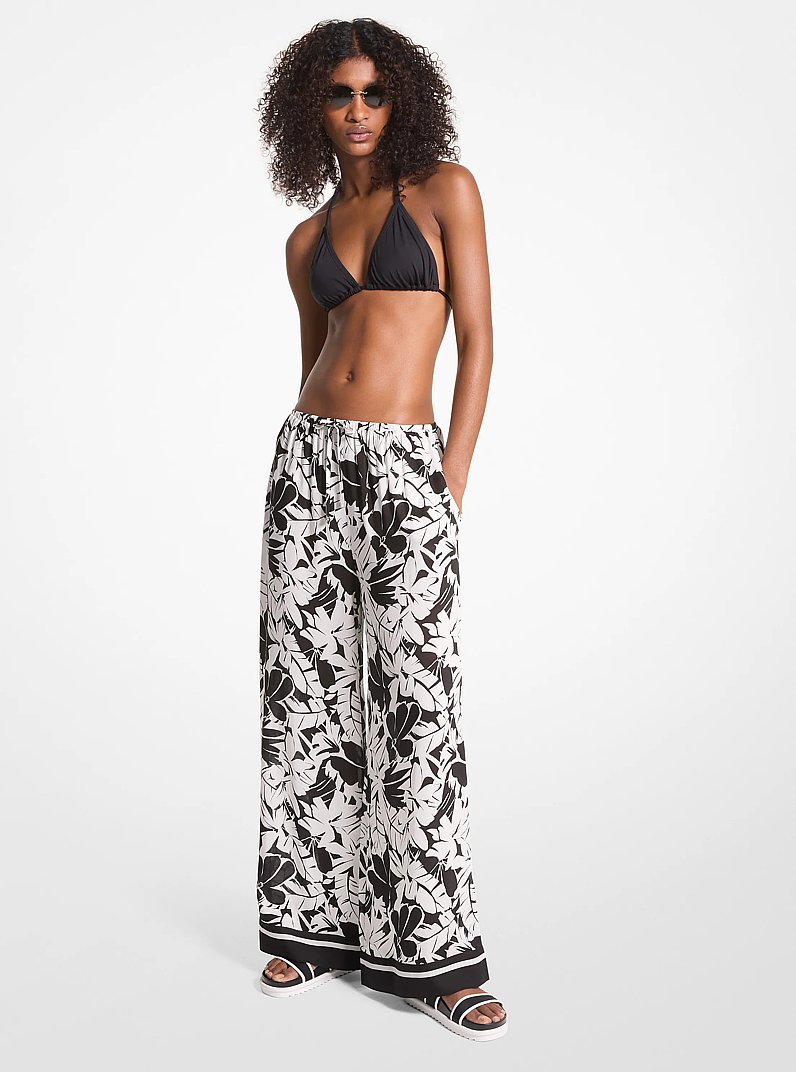 Palm Print Woven Wide-Leg Pants in BLACK/WHITE | Michael Kors