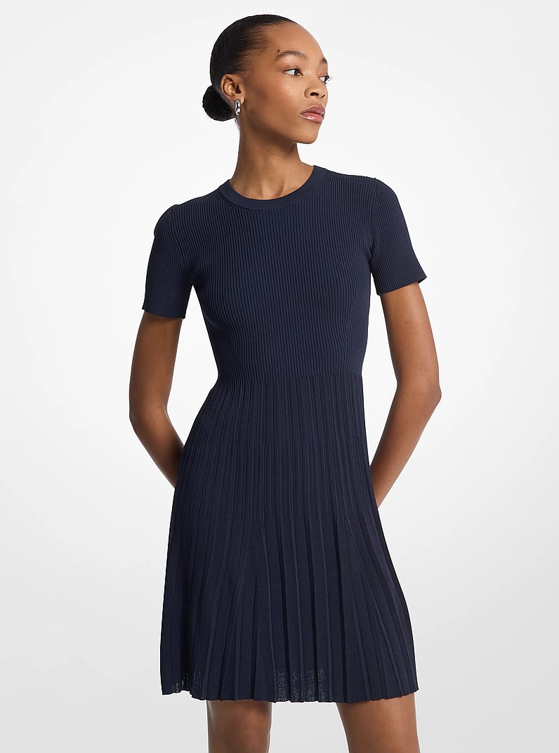Ribbed Knit Short-Sleeve Dress in MIDNIGHTBLUE | Michael Kors